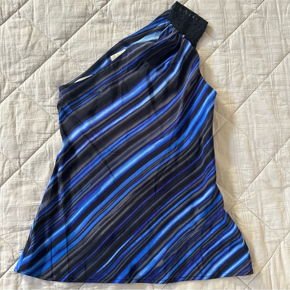 Shoshanna Blue and Black Silk One-Shoulder Top- Size 4